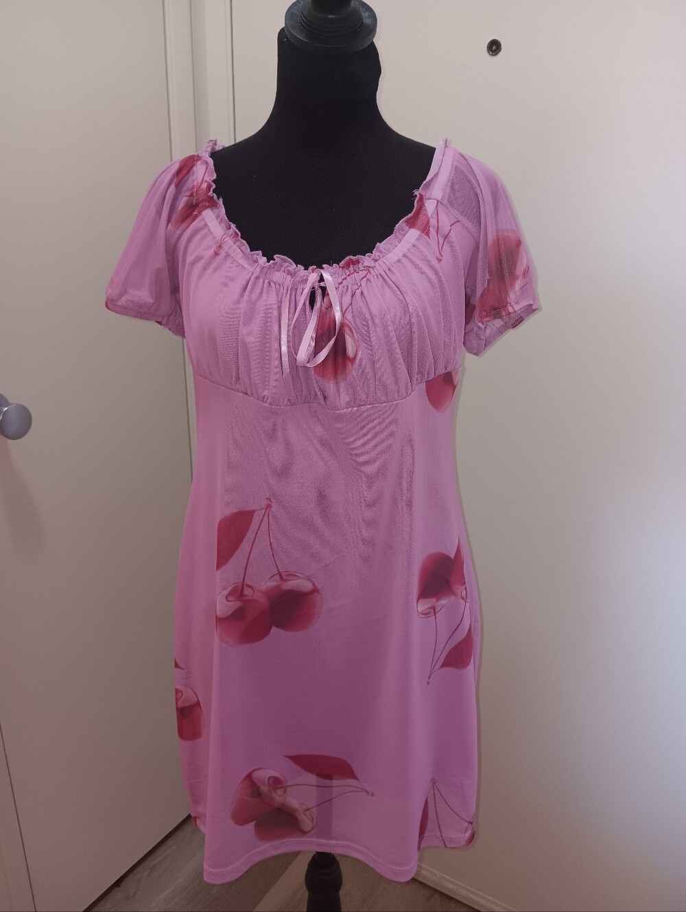 Forever 21 Pink Cherry-Print Puff Sleeve Nightdress